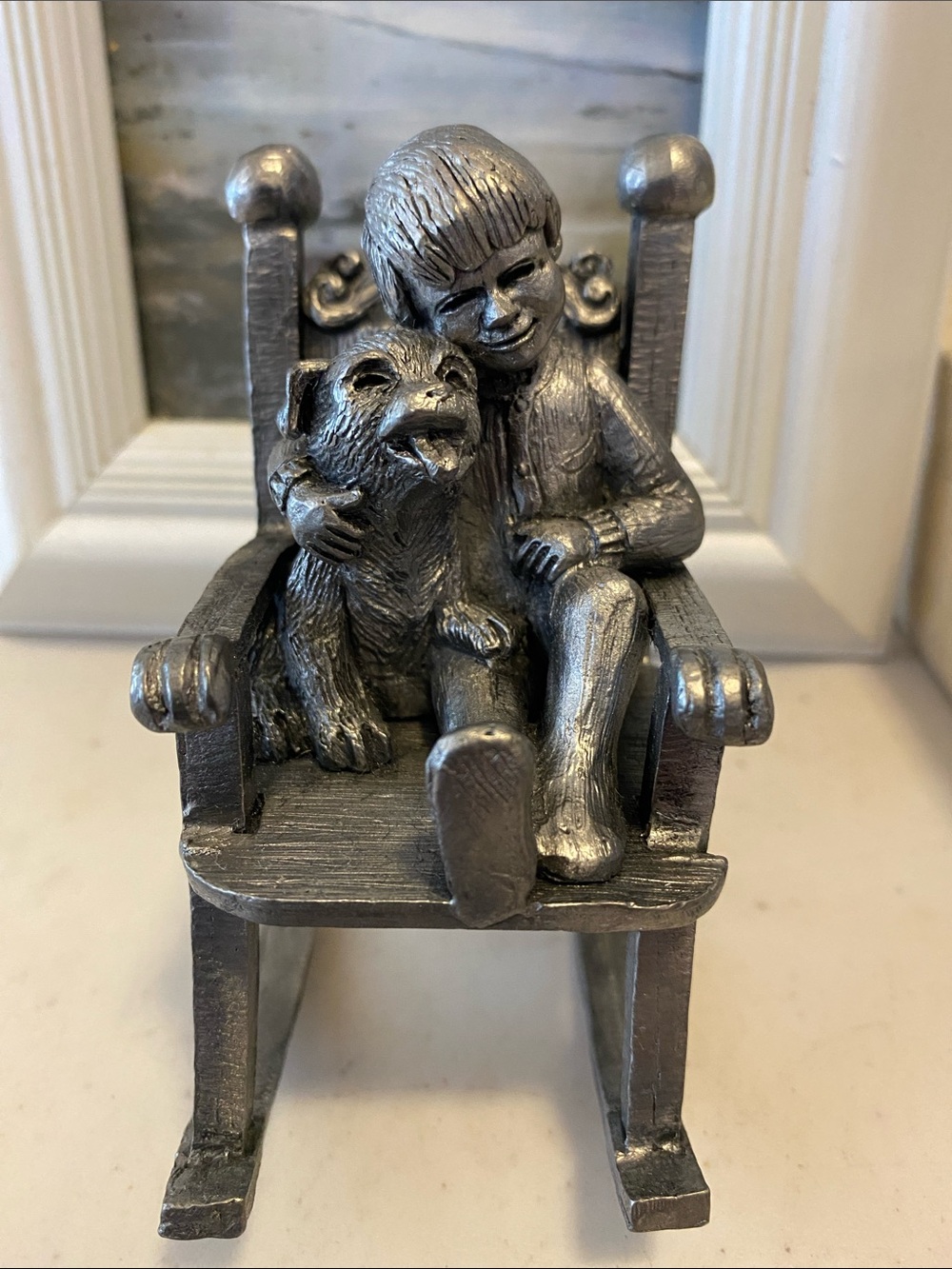Vintage 1983 Michael Ricker Pewter Figurine Boy & Dog in Rocking Chair 2273/4275